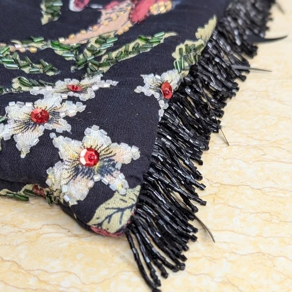 Vintage Hand Beaded Retro Cars Fringe Black Purse Boho Tote Bamboo Handle - Picture 5 of 13